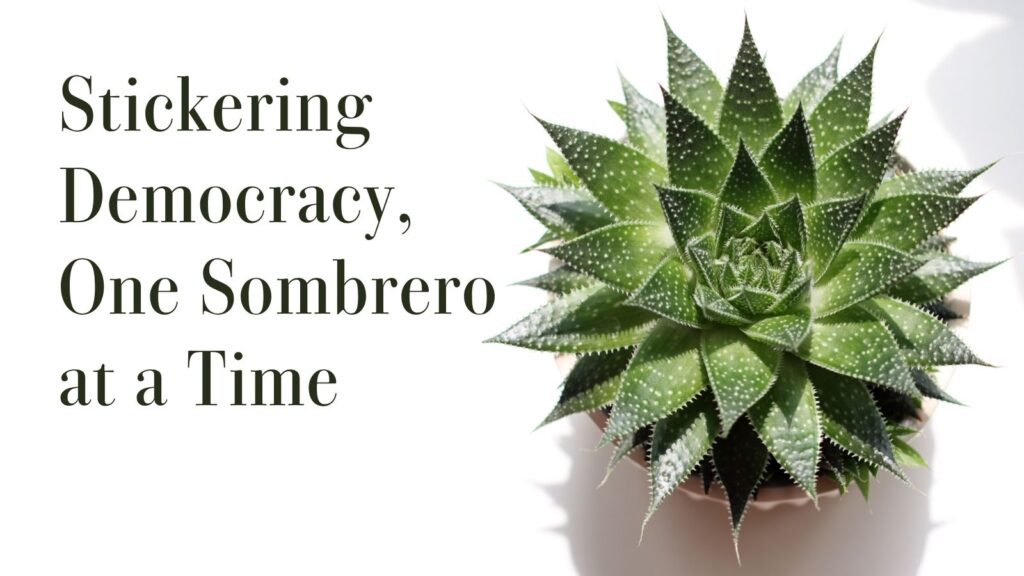 Elegant succulent plant in white pot with text overlay reading 'Stickering Democracy, One Sombrero at a Time'