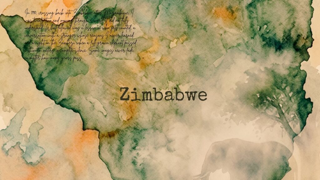 An abstract watercolor map of Zimbabwe in earthy green and ochre tones, featuring a misty, translucent silhouette of an elephant in the bottom right and handwritten text in the top left corner.